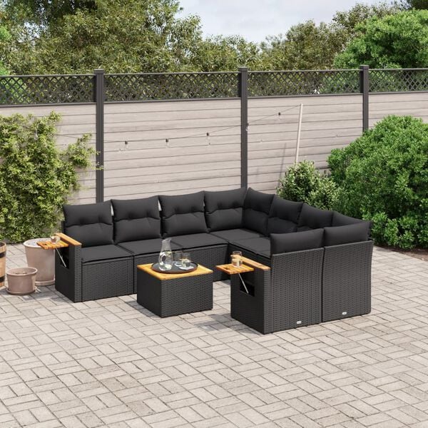 vidaXL 9 Piece Garden Sofa Set with Cushions Black Poly Rattan