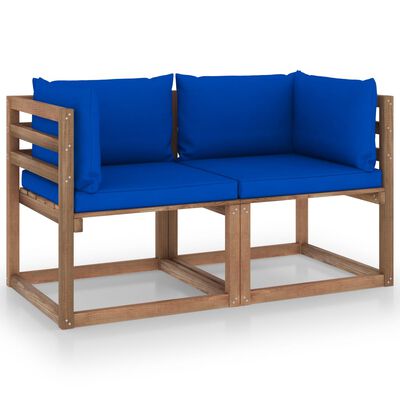 vidaXL Garden 2-Seater Pallet Sofa with Blue Cushions Pinewood