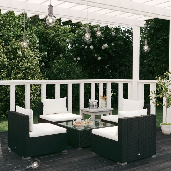 vidaXL 5 Piece Garden Lounge Set with Cushions Poly Rattan Black