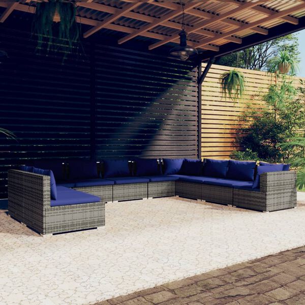 vidaXL 10 Piece Garden Lounge Set with Cushions Grey Poly Rattan
