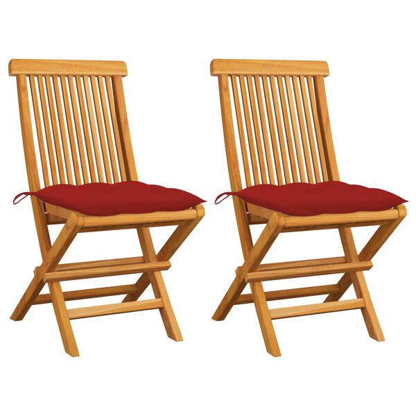 vidaXL Garden Chairs with Red Cushions 2 pcs Solid Teak Wood