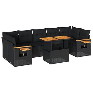 vidaXL 8 Piece Garden Sofa Set with Cushions Black Poly Rattan Acacia