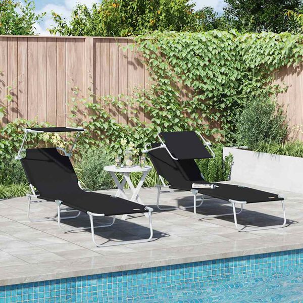 vidaXL Folding Sun Lounger with Canopy Steel and Fabric Black