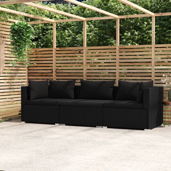 vidaXL 3-Seater Sofa with Cushions Black Poly Rattan