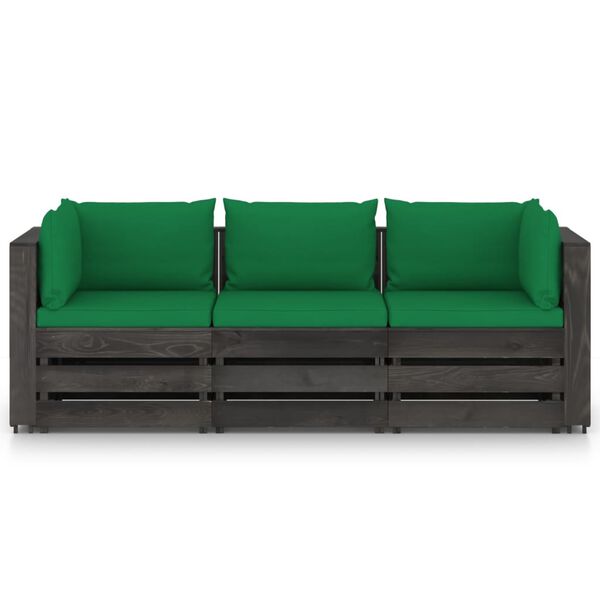 vidaXL 3-Seater Garden Sofa with Cushions Grey Impregnated Wood