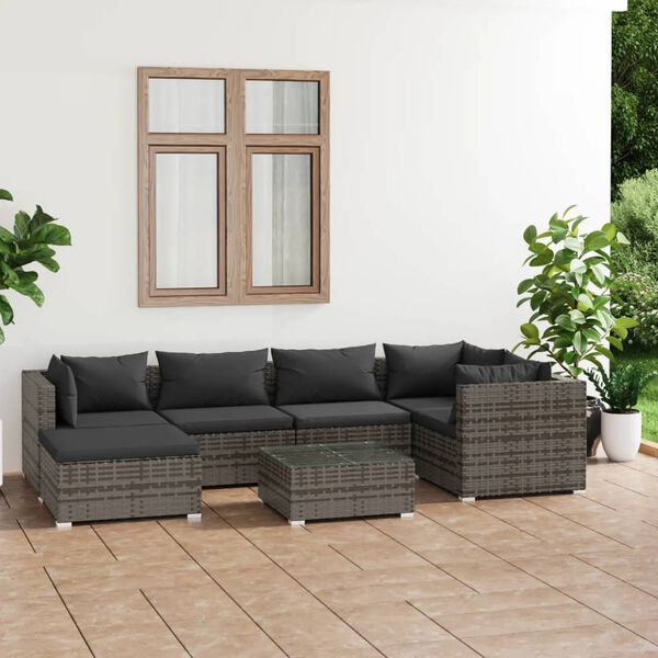 vidaXL 7 Piece Garden Lounge Set with Cushions Poly Rattan Grey