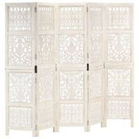 vidaXL Hand carved 5-Panel Room Divider White 200x165 cm Solid Mango Wood