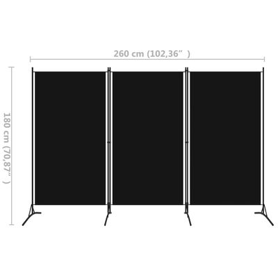 vidaXL 3-Panel Room Divider Black 260x180 cm