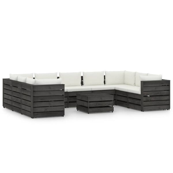 vidaXL 10 Piece Garden Lounge Set with Cushions Grey Impregnated Wood