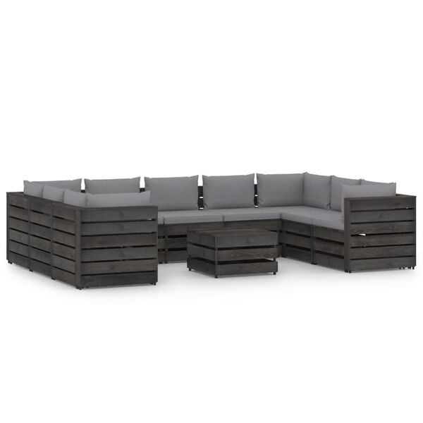 vidaXL 10 Piece Garden Lounge Set with Cushions Grey Impregnated Wood