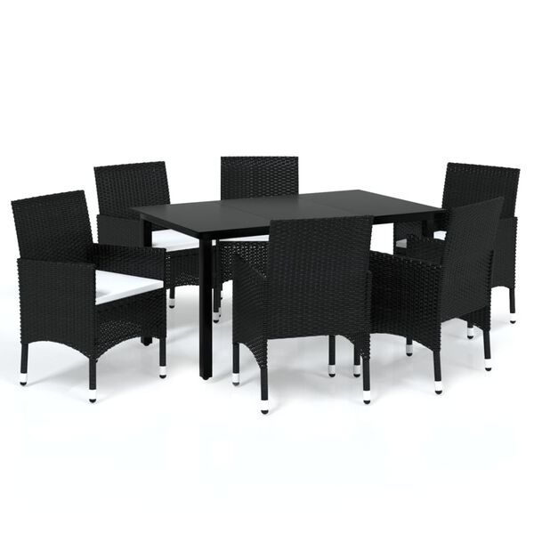 vidaXL 7 Piece Garden Dining Set with Cushions Poly Rattan Black