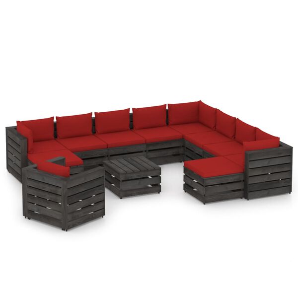 vidaXL 12 Piece Garden Lounge Set with Cushions Grey Impregnated Wood