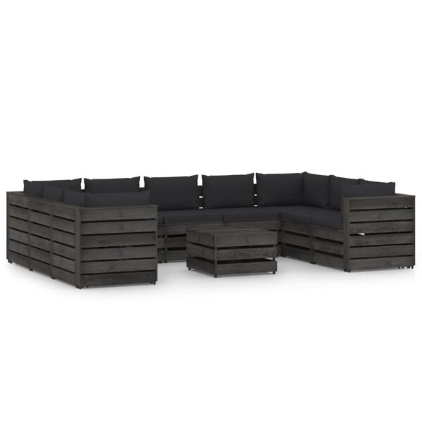 vidaXL 10 Piece Garden Lounge Set with Cushions Grey Impregnated Wood