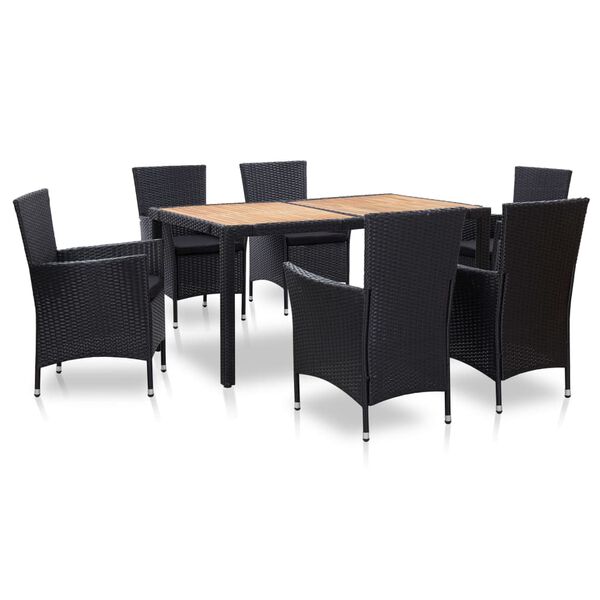 vidaXL 7 Piece Outdoor Dining Set with Cushions Poly Rattan Black