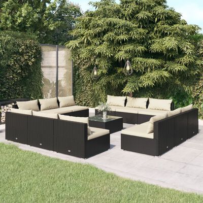 vidaXL 13 Piece Garden Lounge Set with Cushions Poly Rattan Black