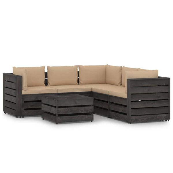 vidaXL 6 Piece Garden Lounge Set with Cushions Grey Impregnated Wood