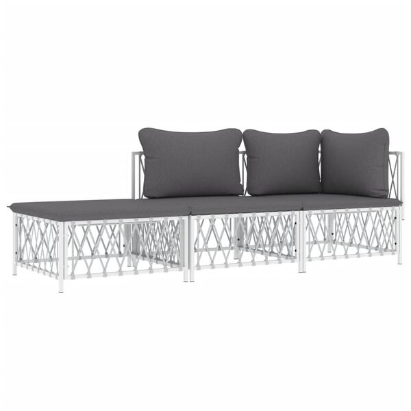 vidaXL 3 Piece Garden Lounge Set with Cushions White Steel