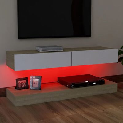 vidaXL TV Cabinet with LED Lights White and Sonoma Oak 120x35 cm