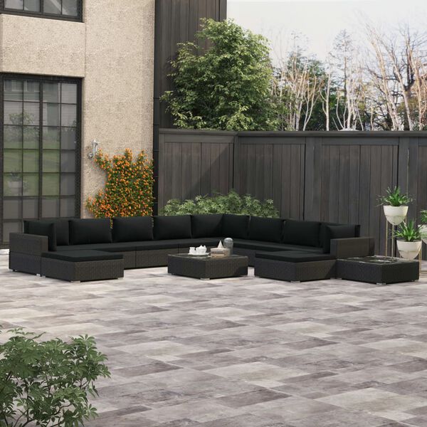 vidaXL 12 Piece Garden Lounge Set with Cushions Poly Rattan Black