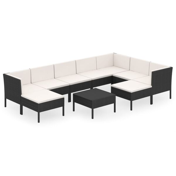 vidaXL 10 Piece Garden Lounge Set with Cushions Poly Rattan Black