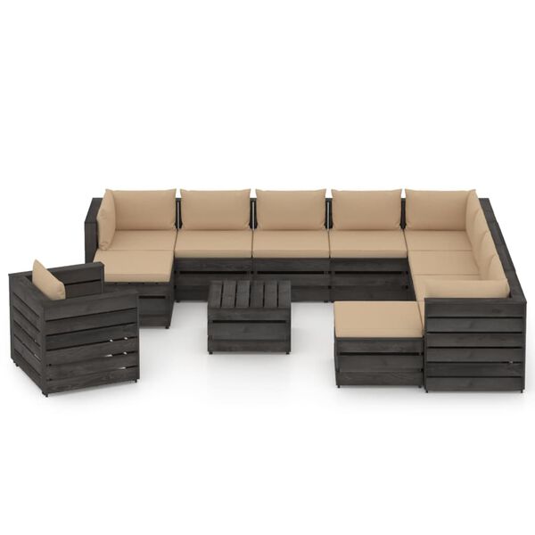 vidaXL 12 Piece Garden Lounge Set with Cushions Grey Impregnated Wood