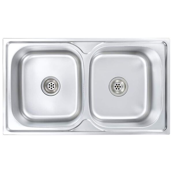 vidaXL Kitchen Sink Double Basin with Strainer & Trap Stainless Steel
