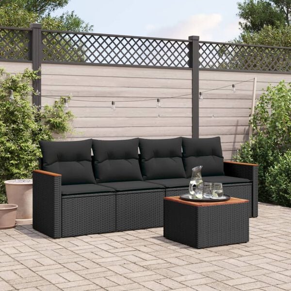 vidaXL 5 Piece Garden Sofa Set with Cushions Black Poly Rattan