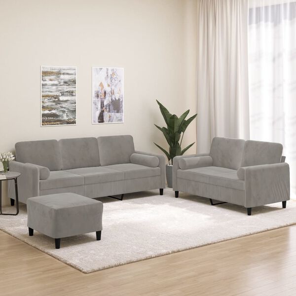 vidaXL 3 Piece Sofa Set with Throw Pillows&Cushions Light Grey Velvet