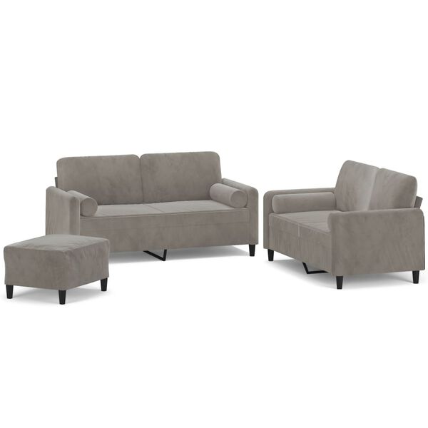 vidaXL 3 Piece Sofa Set with Throw Pillows&Cushions Light Grey Velvet