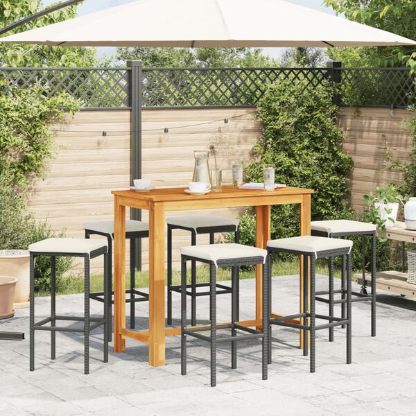 vidaXL 7 Piece Garden Bar Set Black Solid Wood Acacia and Poly Rattan