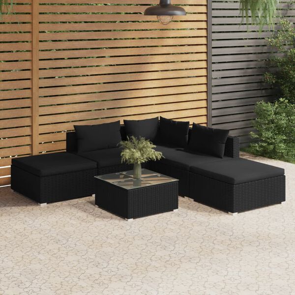 vidaXL 6 Piece Garden Lounge Set with Cushions Poly Rattan Black