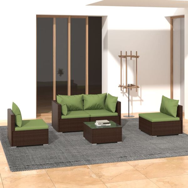 vidaXL 5 Piece Garden Lounge Set with Cushions Poly Rattan Brown