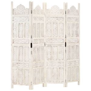 vidaXL Hand carved 4-Panel Room Divider White 160x165 cm Solid Mango Wood