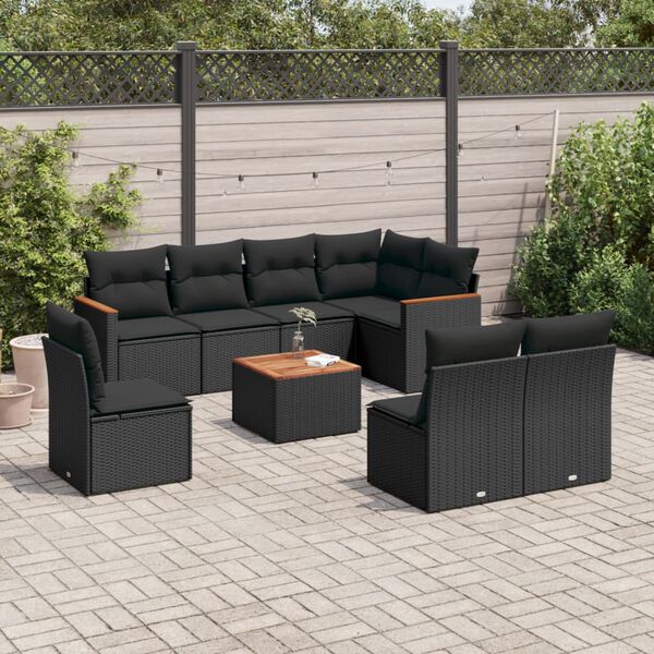 vidaXL 9 Piece Garden Sofa Set with Cushions Black Poly Rattan