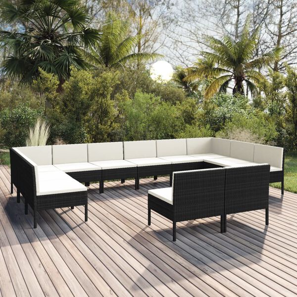vidaXL 12 Piece Garden Lounge Set with Cushions Poly Rattan Black