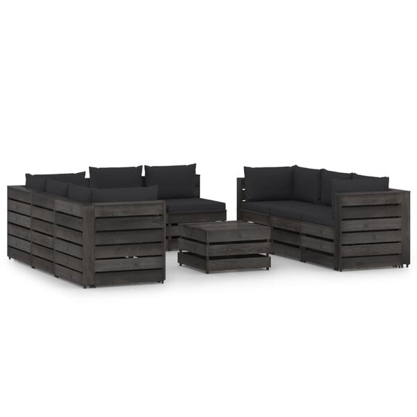 vidaXL 9 Piece Garden Lounge Set with Cushions Grey Impregnated Wood