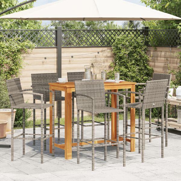 vidaXL 7 Piece Garden Bar Set Grey Solid Wood Acacia and Poly Rattan