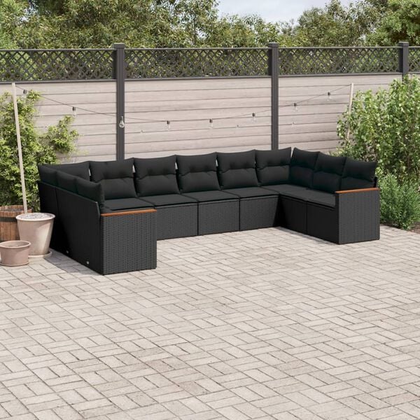 vidaXL 10 Piece Garden Sofa Set with Cushions Black Poly Rattan