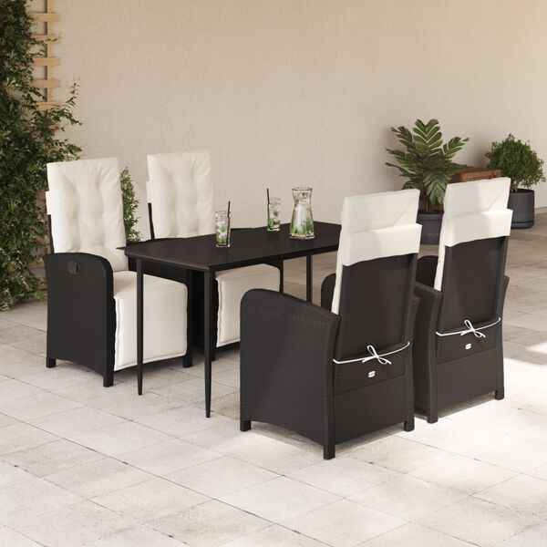 vidaXL 5 Piece Garden Dining Set with Cushions Black Poly Rattan