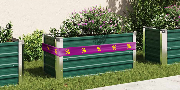 Green planter boxes with plants, wrapped in a purple promotional band with yellow discount icons, in a garden setting. Click to shop the collection.