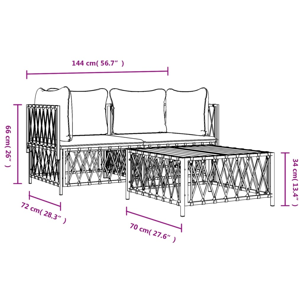 vidaXL 3 Piece Garden Lounge Set with Cushions White Steel