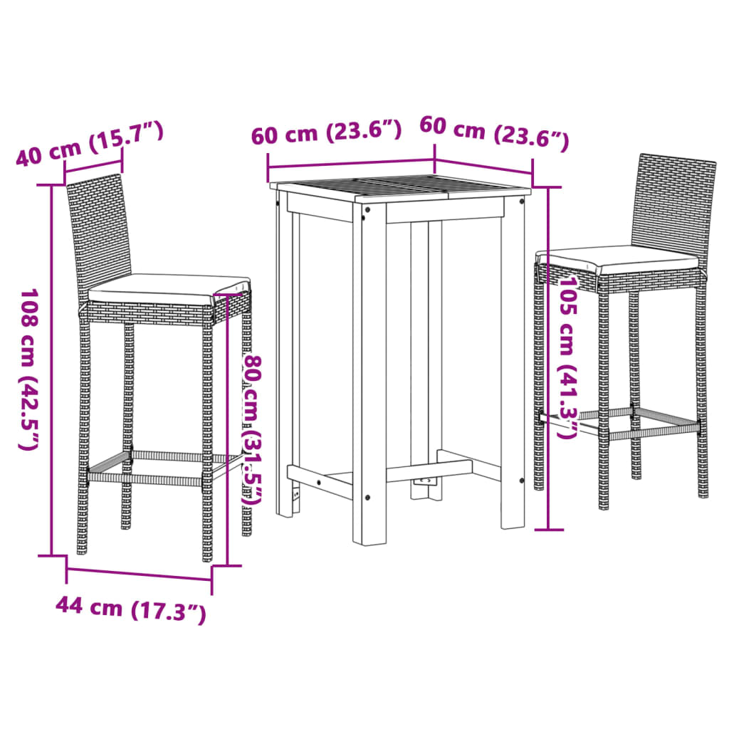 vidaXL 3 Piece Garden Bar Set Grey Solid Wood Acacia and Poly Rattan