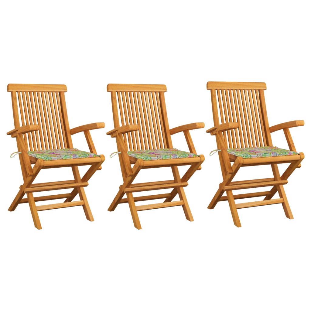 vidaXL Garden Chairs with Leaf Pattern Cushions 3 pcs Solid Teak Wood