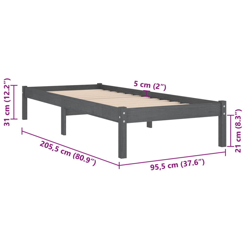 vidaXL Bed Frame without Mattress Grey Solid Wood 90x200 cm