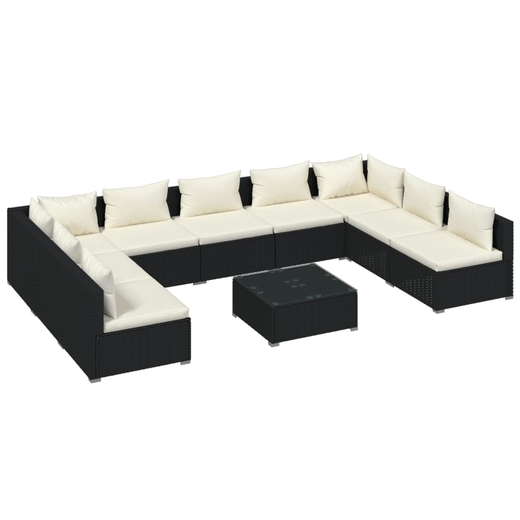 vidaXL 10 Piece Garden Lounge Set with Cushions Poly Rattan Black