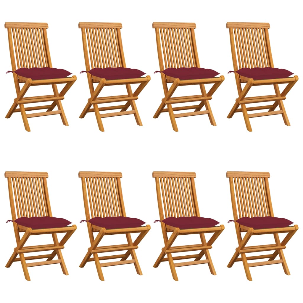 vidaXL Garden Chairs with Wine Red Cushions 8 pcs Solid Teak Wood