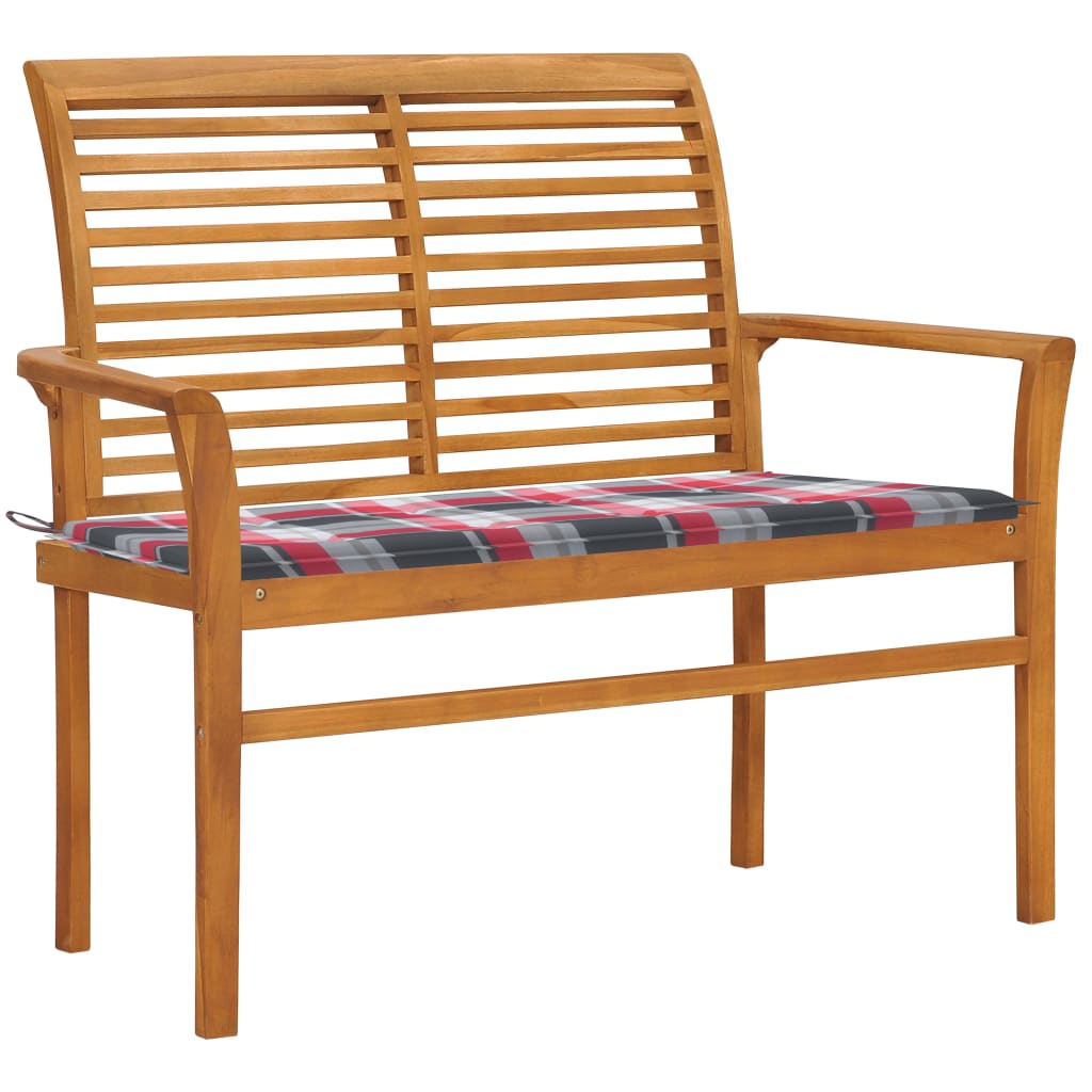vidaXL Garden Bench Red Check Pattern Cushion 112 cm Solid Teak Wood