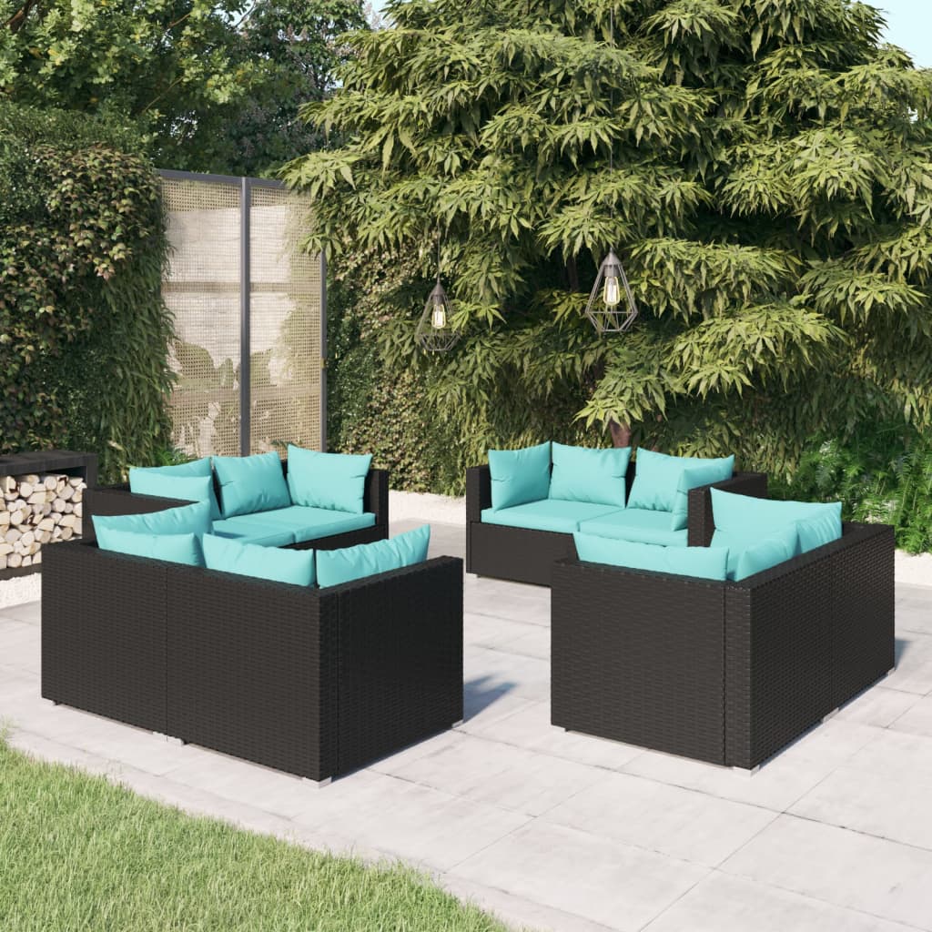 vidaXL 8 Piece Garden Lounge Set with Cushions Poly Rattan Black