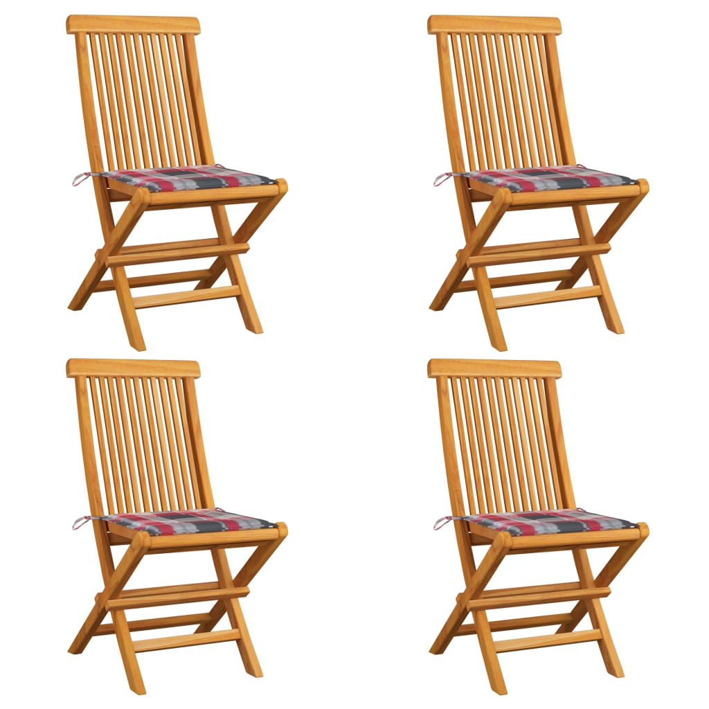vidaXL Garden Chairs Red Check Pattern Cushions 4 pcs Solid Teak Wood