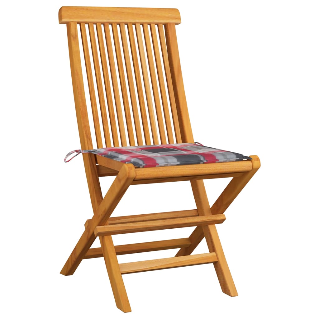 vidaXL Garden Chairs Red Check Pattern Cushions 8 pcs Solid Teak Wood